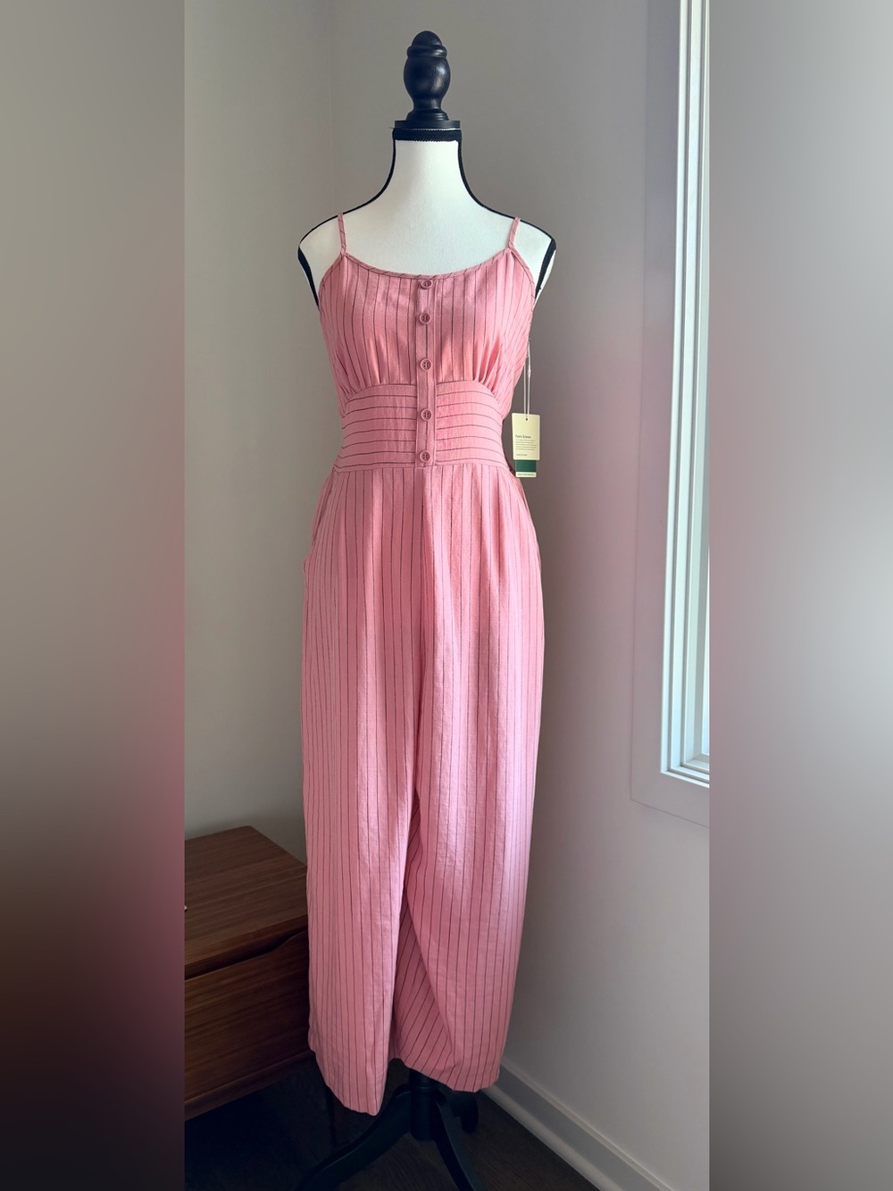Halara Tie Back Cut Out Stripe Linen-Feel Slip Jumpsuit with Pockets – NWT